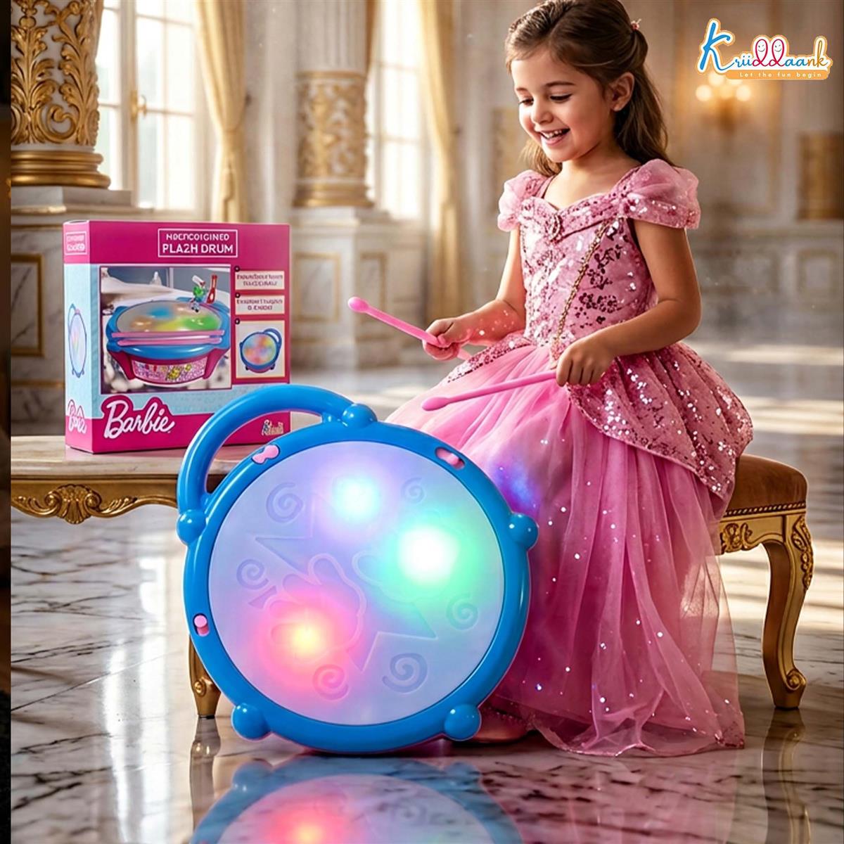 Barbie Electronic Flash Drum with 3D Rhythm Lights & Music | Educational Musical Toy for Kids 3+ Years | Interactive Pink Drum with 9 Songs & 5 Color-Changing Lights | Safe & Engaging Play