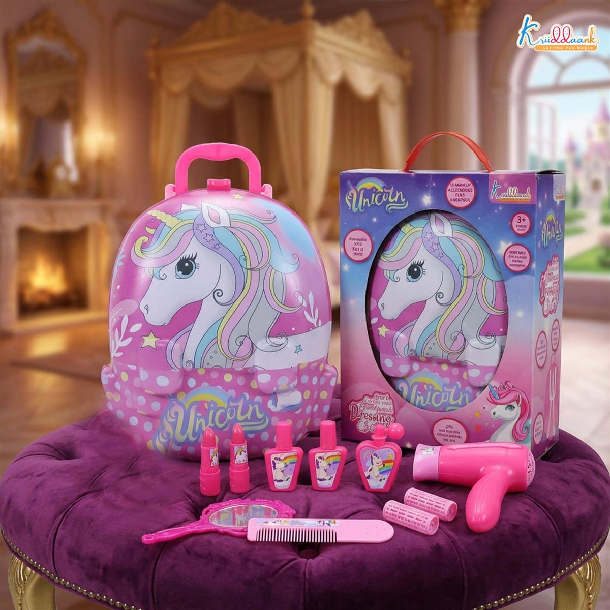 Unicorn Backpack Dressing & Makeup Gift Set for Kids - 2-in-1 Portable Trolley Pretend Play Vanity Kit with Electronic Hair Dryer & 13 Accessories - Ideal Birthday Gift for Girls 3+ Years