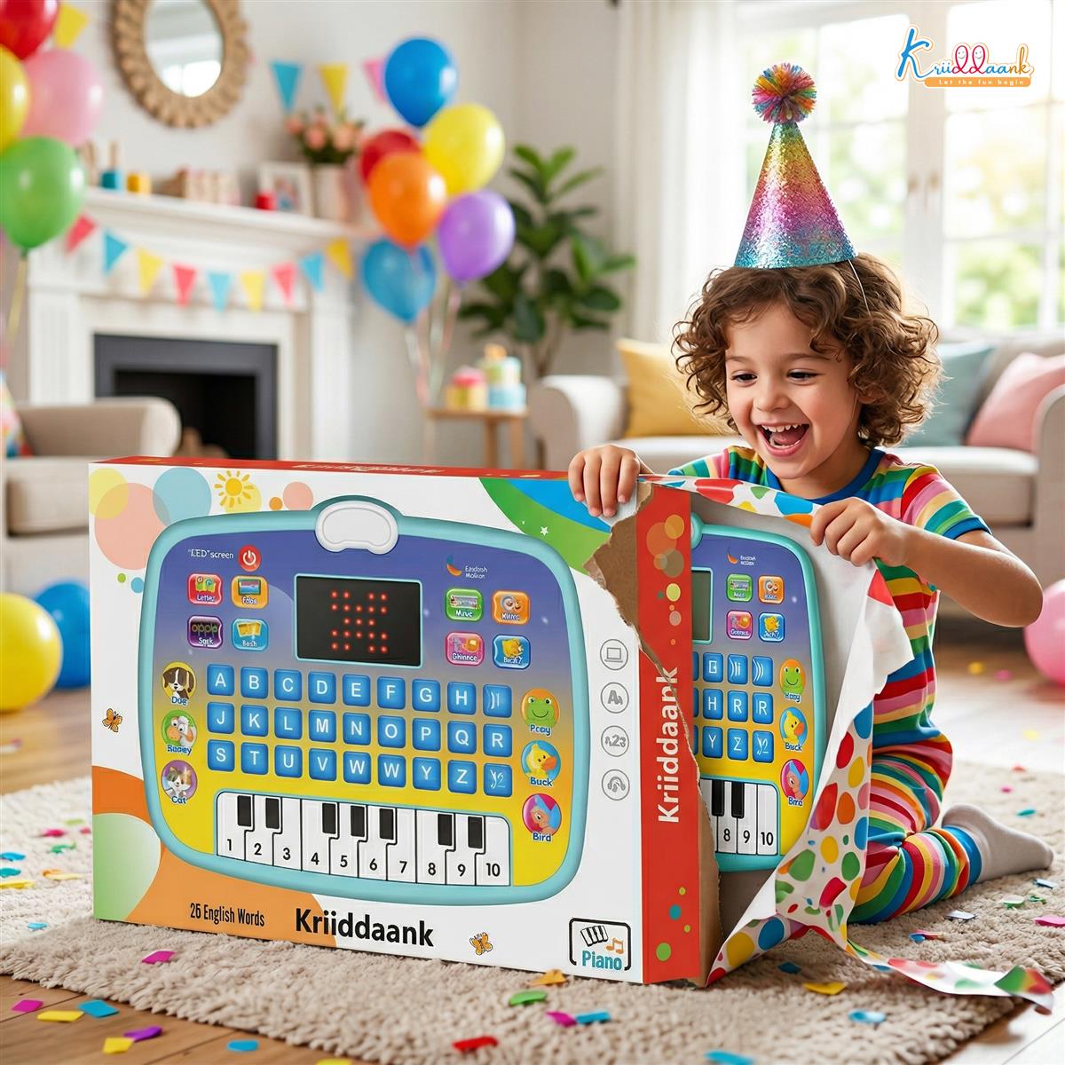 Kriiddaank Kids Learning Tablet - Educational Toy for 3+ Years with Quiz Mode, Alphabet & Number Learning, Piano Keys & Music - Interactive Birthday Gift for Boys & Girls, Multicolor