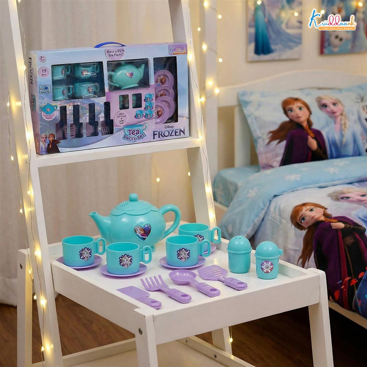 Frozen Tea Party Set for Girls - Elsa & Anna 15-Piece Trolley Playset with Electronic Kettle, Realistic Boiling Sounds & Lights - Interactive Pretend Play Kitchen Toy for Kids Ages 3+