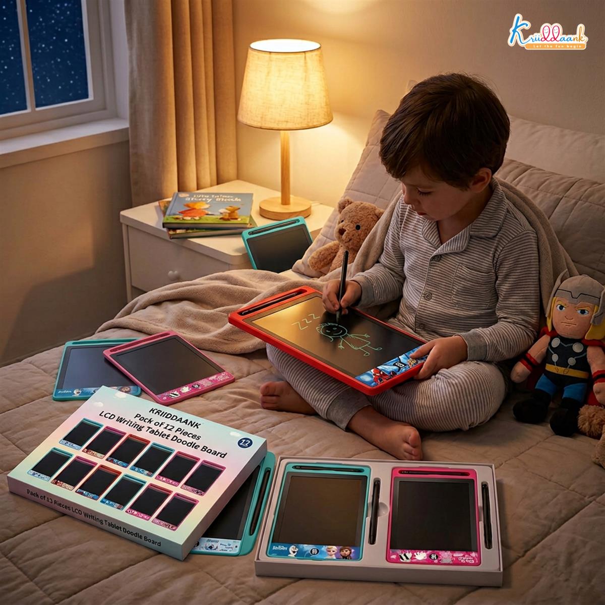 KRIIDDAANK Pack of 12 LCD Writing Tablet Doodle Board for Kids - 8.5 Inch Colorful Electronic Drawing Pad, Educational Learning Toy, Reusable Portable Travel Pad, Return Gifts for Boys & Girls