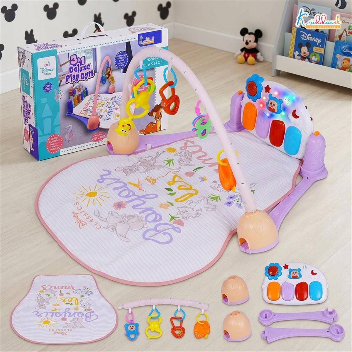 Classic Theme Musical Baby Gym for Infants with Piano Keyboard, Lights & Hanging Toys | Disney Classic Activity Play Mat for 0-3 Years | Sensory Development Floor Gym for Boys & Girls (Multicolor)