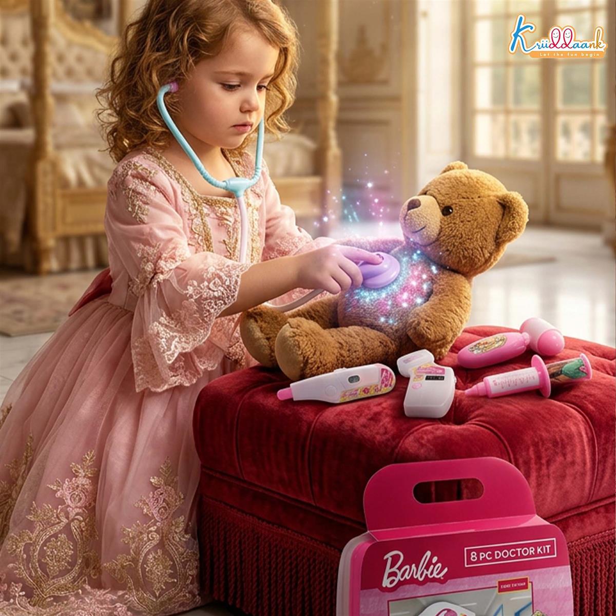 Barbie 8-Piece Doctor Set for Kids 3+ Years, Pink Medical Play Kit with Lights & Realistic Heartbeat Sounds, Non-Toxic Pretend Play Educational Toy Gift for Girls