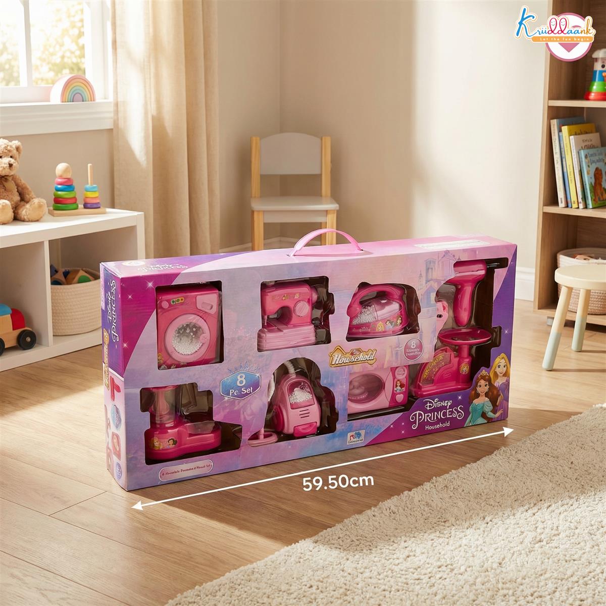 Disney Princess 8-Piece Household Role Play Toy Set - Kids Pretend Play Home Appliances with Vacuum, Washer, Microwave & Iron - Battery Operated with Lights - Pink Educational Gift for Girls Ages 3+