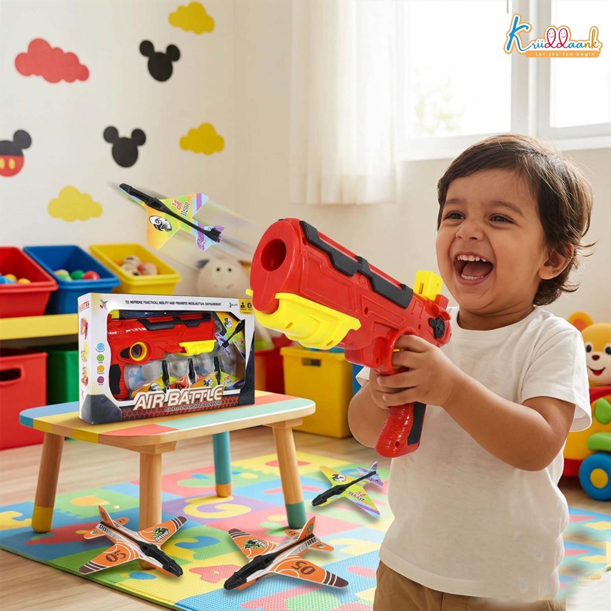 Kriiddank Bullet Airplane Launcher Gun Playset with Sound for Kids | Soft Bullet Blaster Toy with 4 Foam Glider Planes | Safe & Fun Shooting Action Toy for Boys & Girls 3+ Years Old
