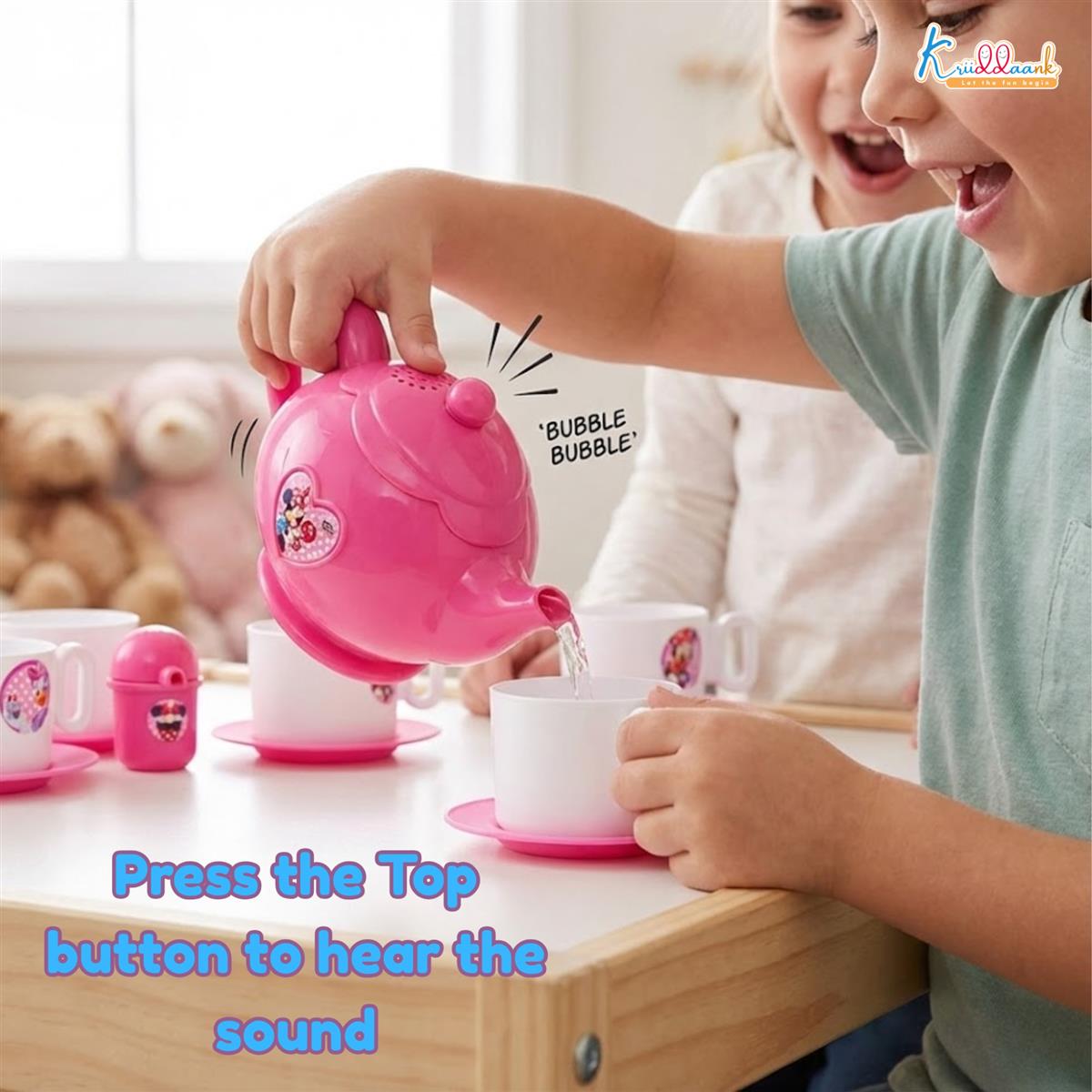 Minnie Tea Trolley Set for Kids - 32 Pcs Pretend Play Tea Party Toy with Electronic Kettle, Lights & Music - Battery Operated Educational Kitchen Set, Pink, Gift for Girls Age 3+