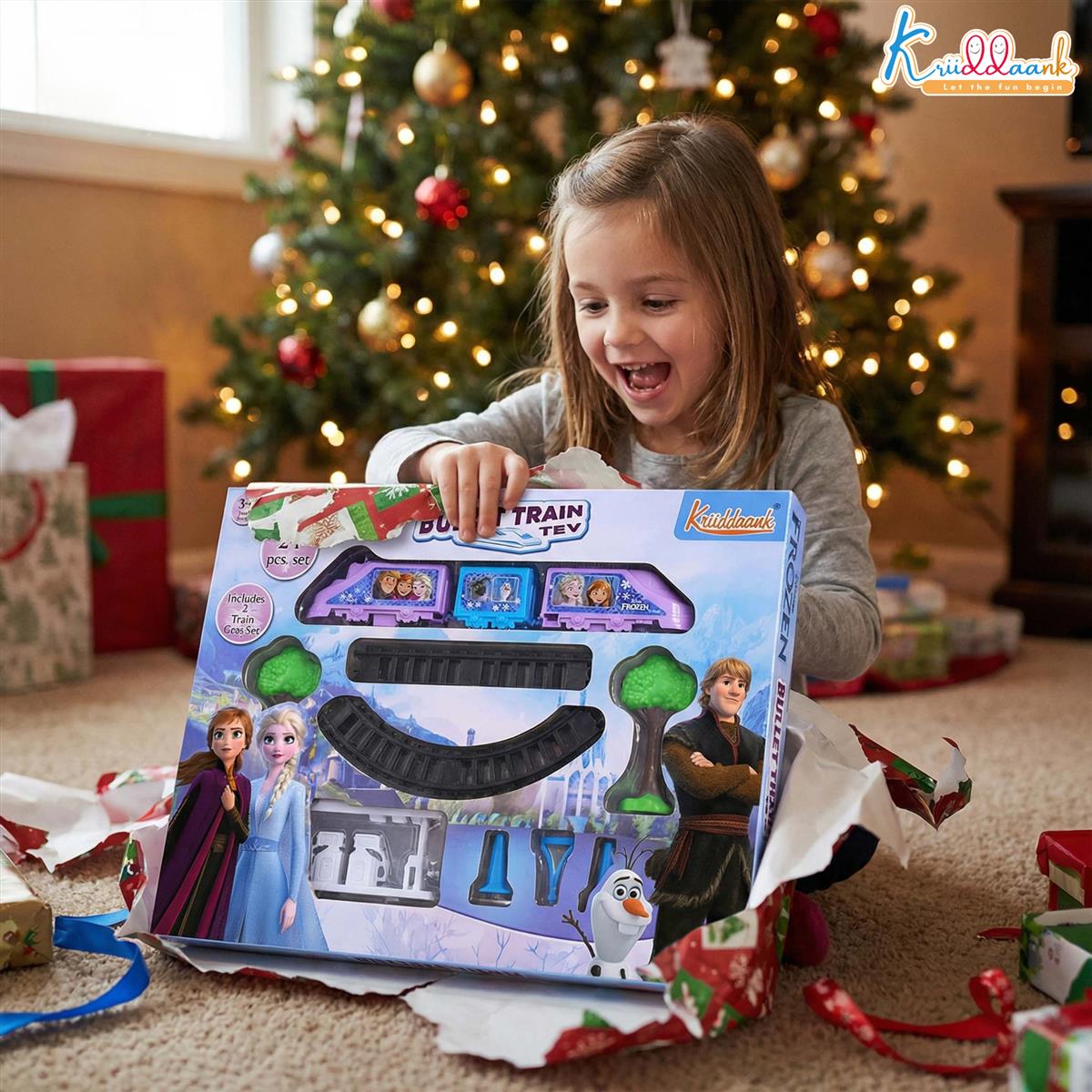 Kriiddaank Frozen Theme Train Set - Anna, Elsa & Olaf Miniature 11-Piece Interactive Playset with Sound Effects, Easy-to-Assemble Tracks & Battery Operated Engine for Kids Ages 3+