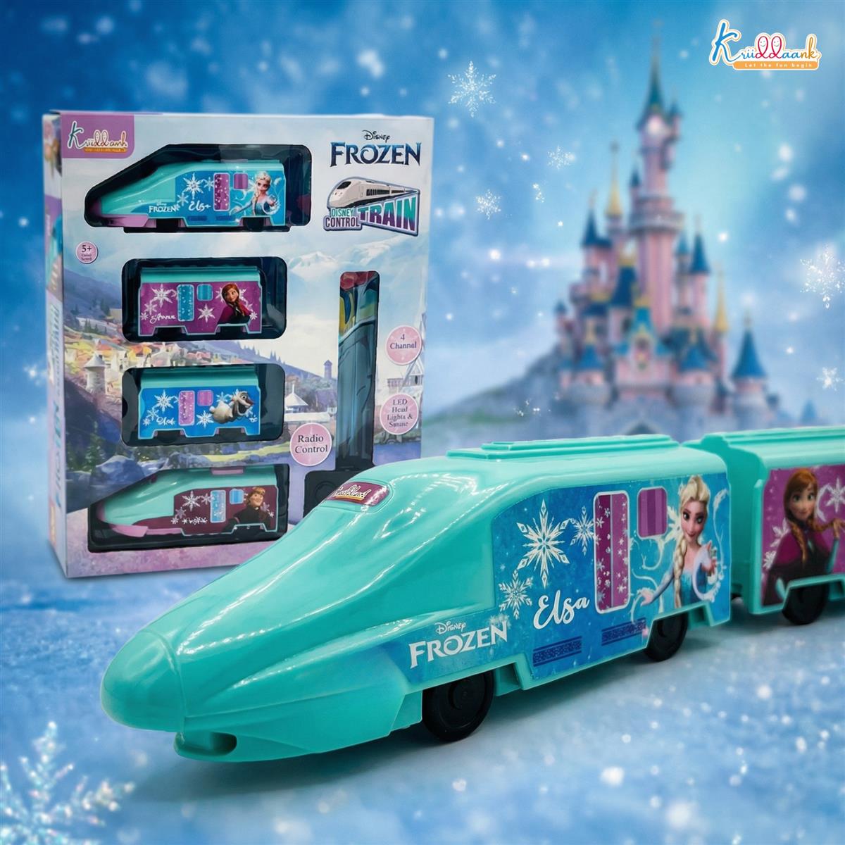 Kriiddaank Frozen Theme Remote Control Train Toy for Kids, Rechargeable EMU Express Train with LED Lights and Realistic Sounds, Turquoise Railway Toy for Boys and Girls Ages 3+