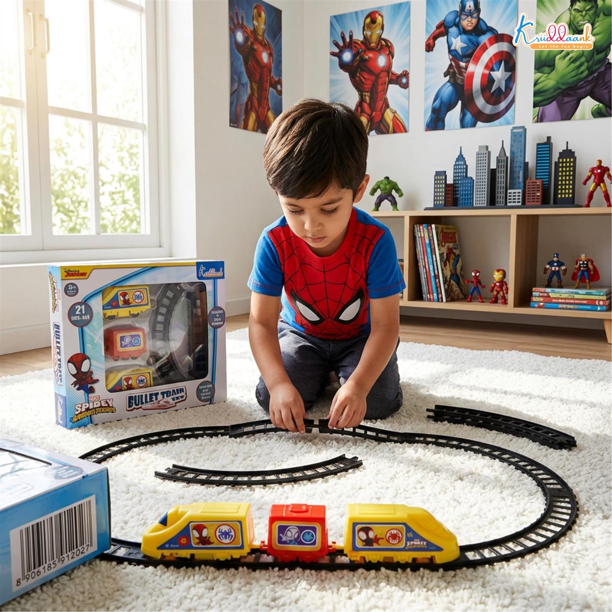 Kriiddaank Marvel Spiderman Train Set for Boys - 11 Piece Superhero Battery Operated Toy Train with Easy-to-Assemble Tracks & Sound Effects, Red & Blue Action Toy Gift for Kids (Ages 3+)