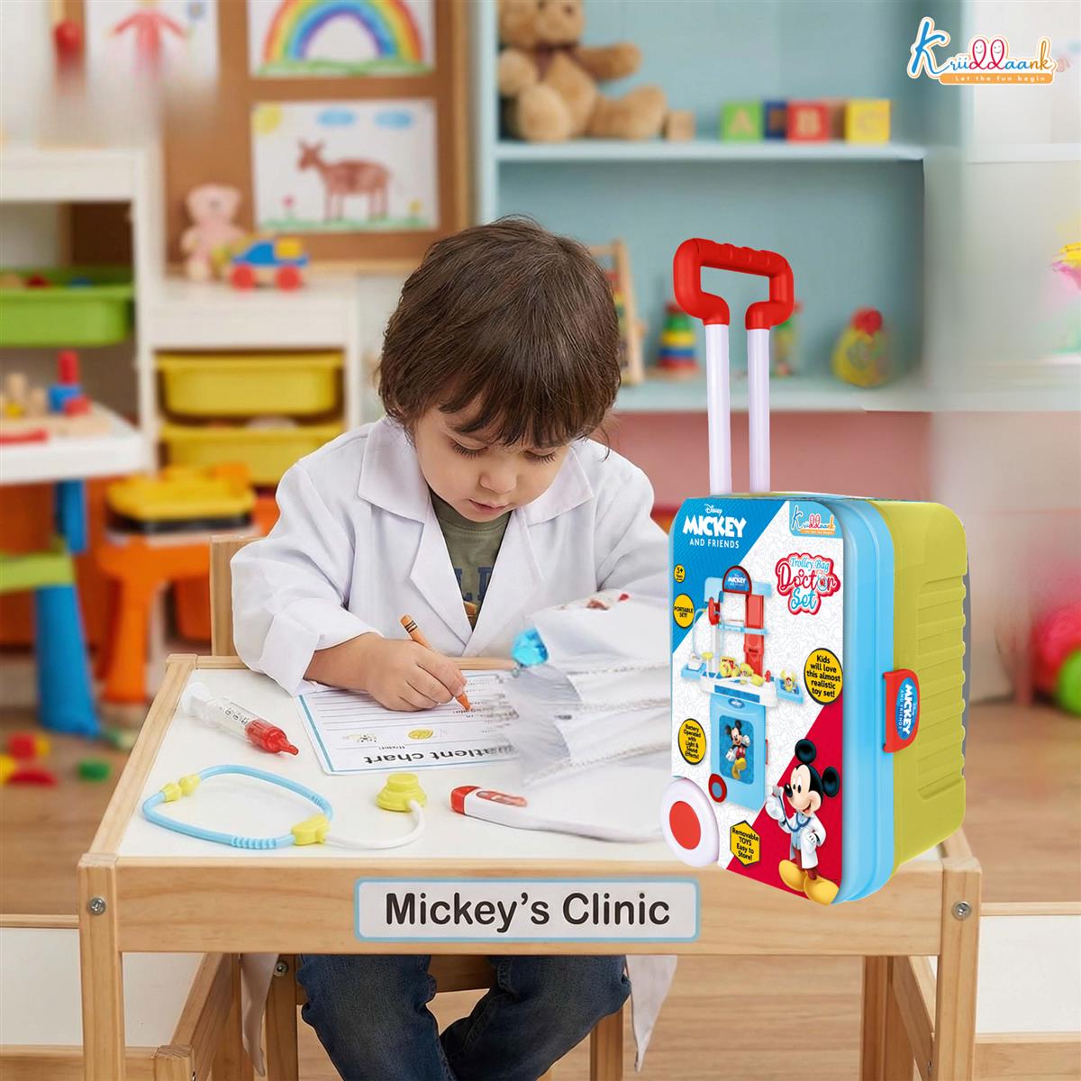 Kriiddaank Mickey Disney Doctor Set for Kids - 9 Pcs Medical Kit Trolley Toy with Lights, Educational Pretend Play for Boys & Girls Age 3+, Portable Role Play Doctor Kit Gift (Red)