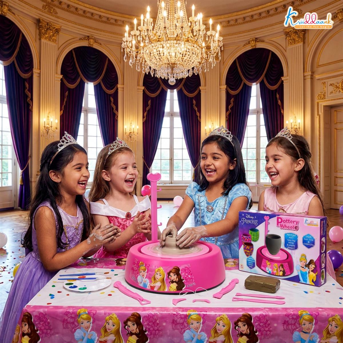 Disney Princess Theme Pottery Wheel Kit - Complete Fairy Tale Clay Art & Crafts Set with 800g Clay, 6 Acrylic Paints, Sculpting Tools & Music - Creative DIY Pottery Studio for Girls 8+ Years