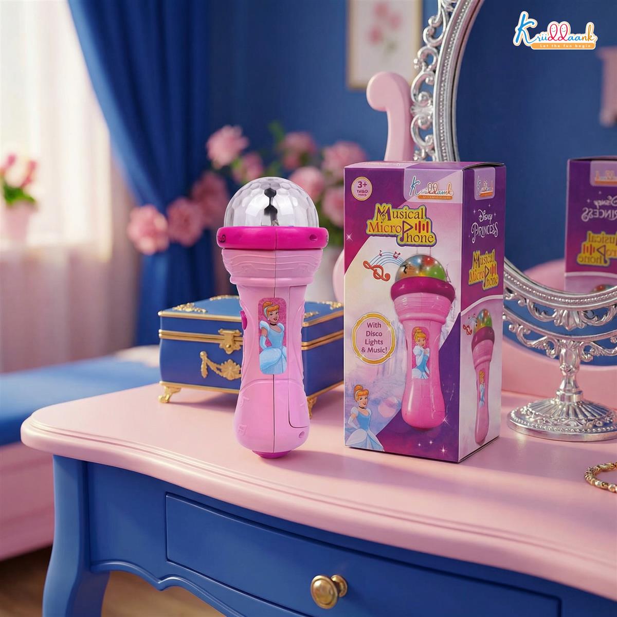 Kriiddaank Disney Princess Musical Microphone for Kids - Pink Karaoke Singing Mic with Rotating Disco Lights & Projector, Interactive Sound Toy for Girls 3+ Years, Ideal Birthday Gift