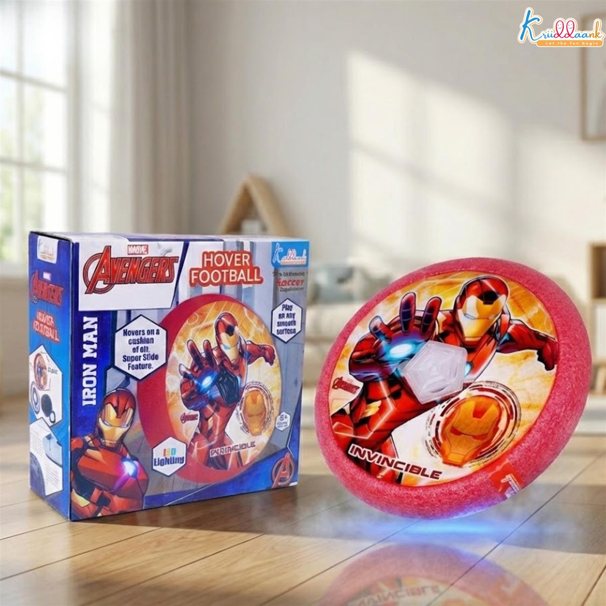 Iron Man Theme Hover Football for Kids - LED Light Up Indoor Soccer Ball with Foam Bumper, Disney Marvel Sports Toy for Boys & Girls, Safe Glide Air Power Soccer Disk, Ages 3+