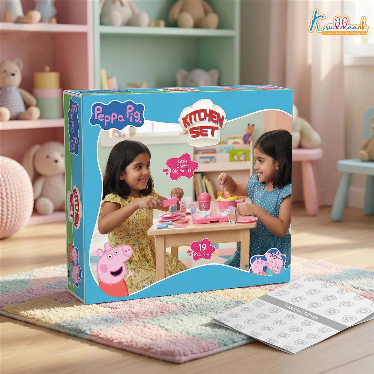 Kriiddaank Peppa Pig Inspired Kitchen Set with 2D Family Figures - 19 Pcs Pretend Play Toy for Kids Ages 3+ | Includes Peppa, George, Mummy & Daddy Pig | Battery Operated Lights, Multicolor