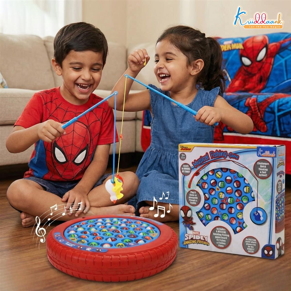 Kriiddaank Spiderman Theme Musical Rotating Fishing Game for Kids - Battery Operated Learning Toy with 45 Fishes & 4 Fishing Poles - Fun Interactive Educational Game for Boys & Girls, Age 3+