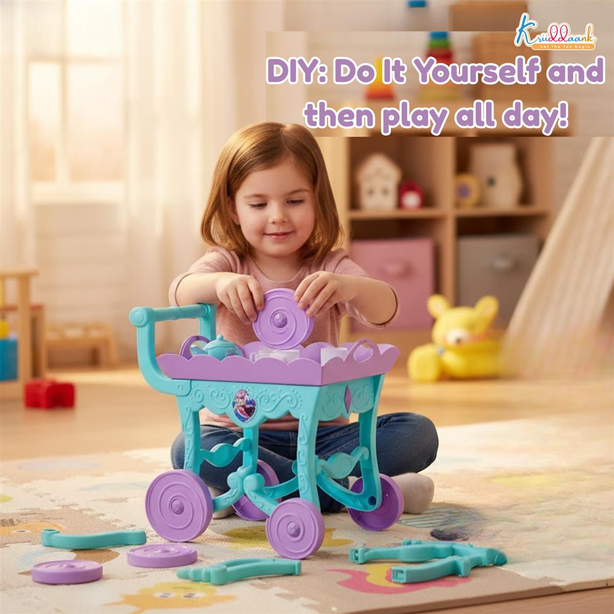 Frozen Tea Trolley Set - 32 Pcs Elsa & Anna Musical Tea Party Playset with Electronic Kettle, Lights & Sound - Pretend Play Kitchen Accessories, Birthday Gift for Kids 3+ Years (Turkish Blue)