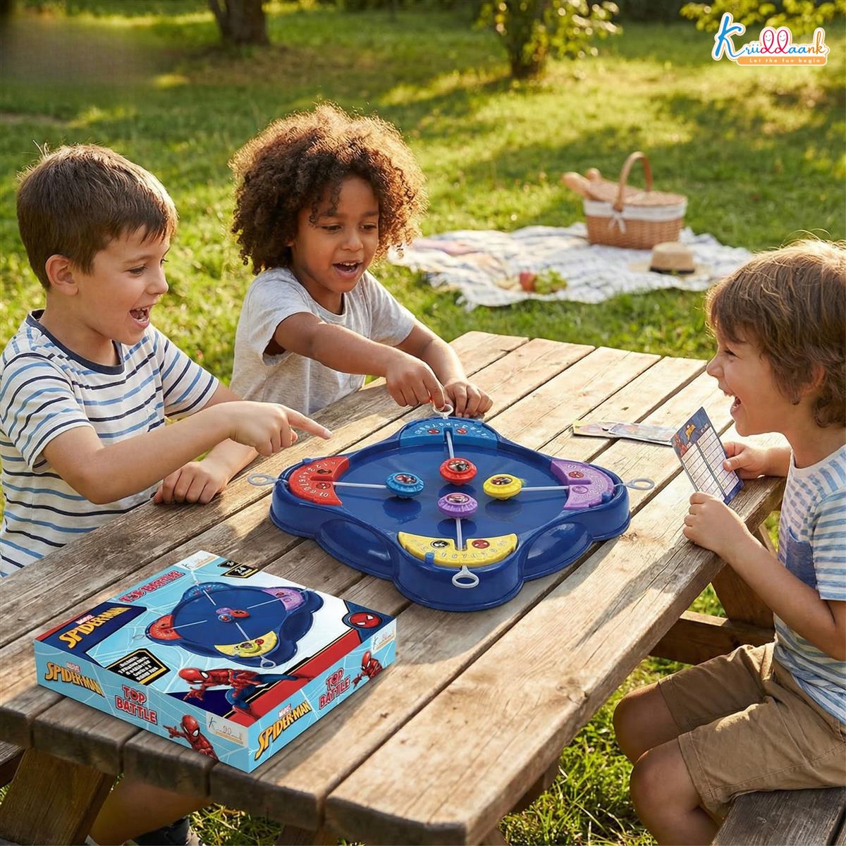 Kriiddaank Spiderman-Inspired Spinning Top Set - 5-Piece Battling Toy for Kids 5+, Includes Arena Base, 4 Rip Cords & 4 Color Tops, Action-Packed Multiplayer Fun for Boys & Girls