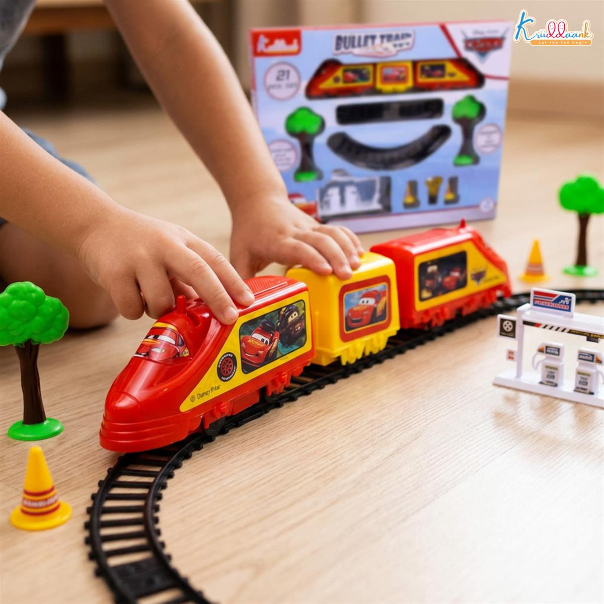 Kriiddaank Disney Pixar Cars Electric Bullet Train Set - Lightning McQueen & Friends Theme, Diecast Metal Miniature Realistic Railway Playset, Battery Operated Toy for Kids 3+ (Multicolor)