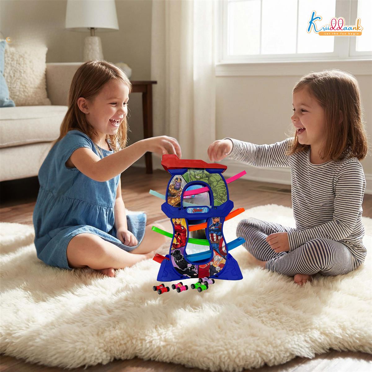 Avengers Zig Zag Zoomer Ramp Racer Car Track for Toddlers - 6-Level Lever Racing Set with 4 Mini Vehicles - 15 Piece Superhero Toy for Kids 3+ Years - Non-Toxic, Educational & Fun Development Toy