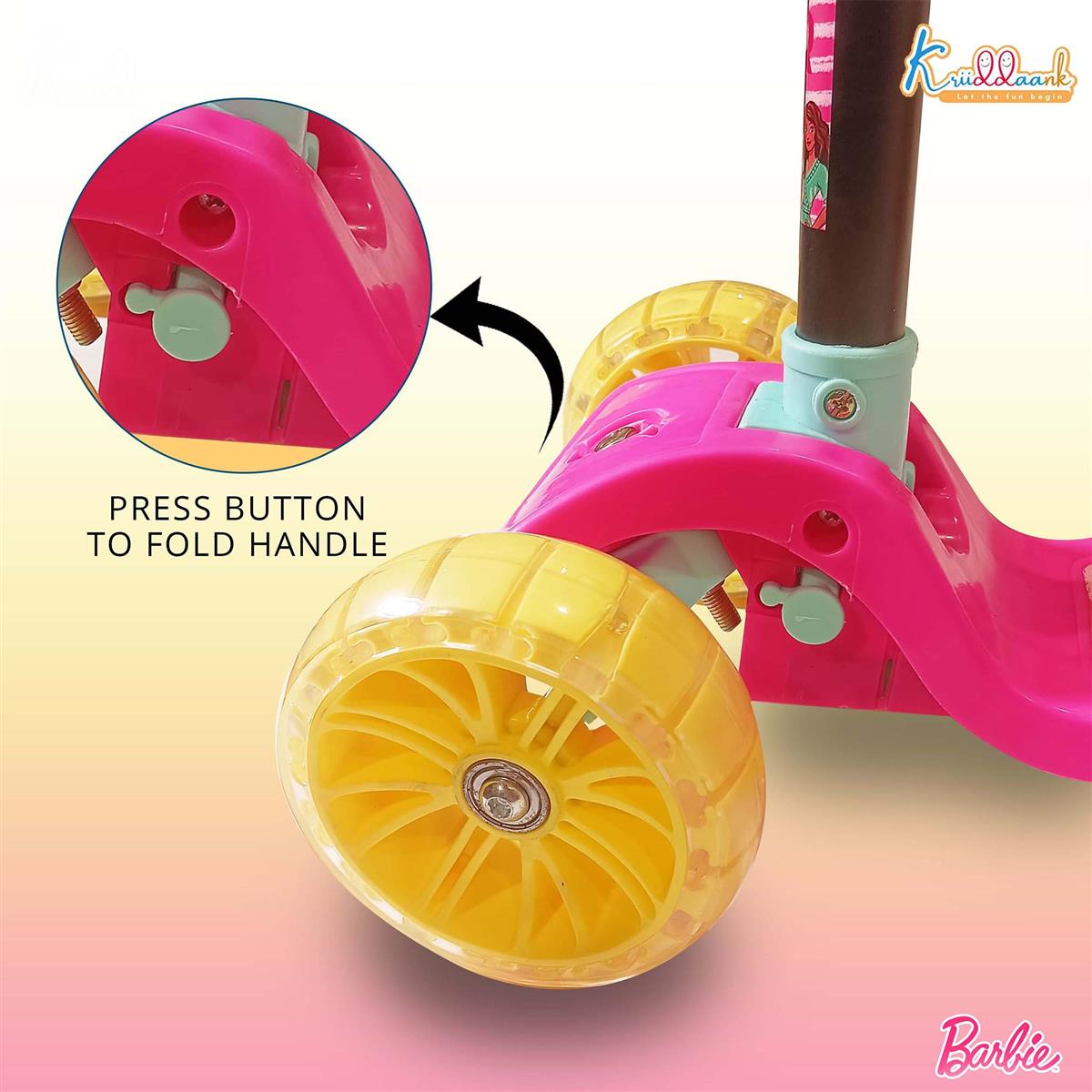 Kriiddaank Barbie Adventure 3-Wheel Kick Scooter for Kids (Ages 3-12), 5-Level Adjustable Height & Easy Fold Design, PVC Wheels, 25kg Weight Capacity, Pink