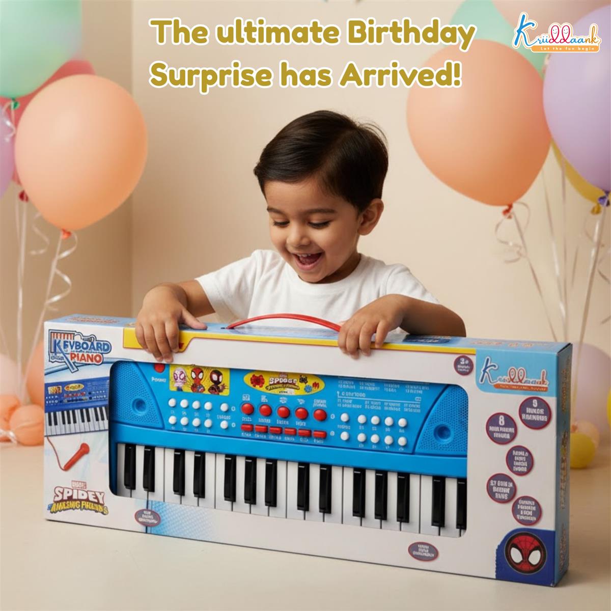 Spiderman Keyboard Piano for Kids - 37 Keys Musical Toy with Microphone, 8 Rhythms, 8 Tones, USB & Battery Powered, Learning & Educational Instrument Gift for Boys and Girls Ages 3+ (Blue)