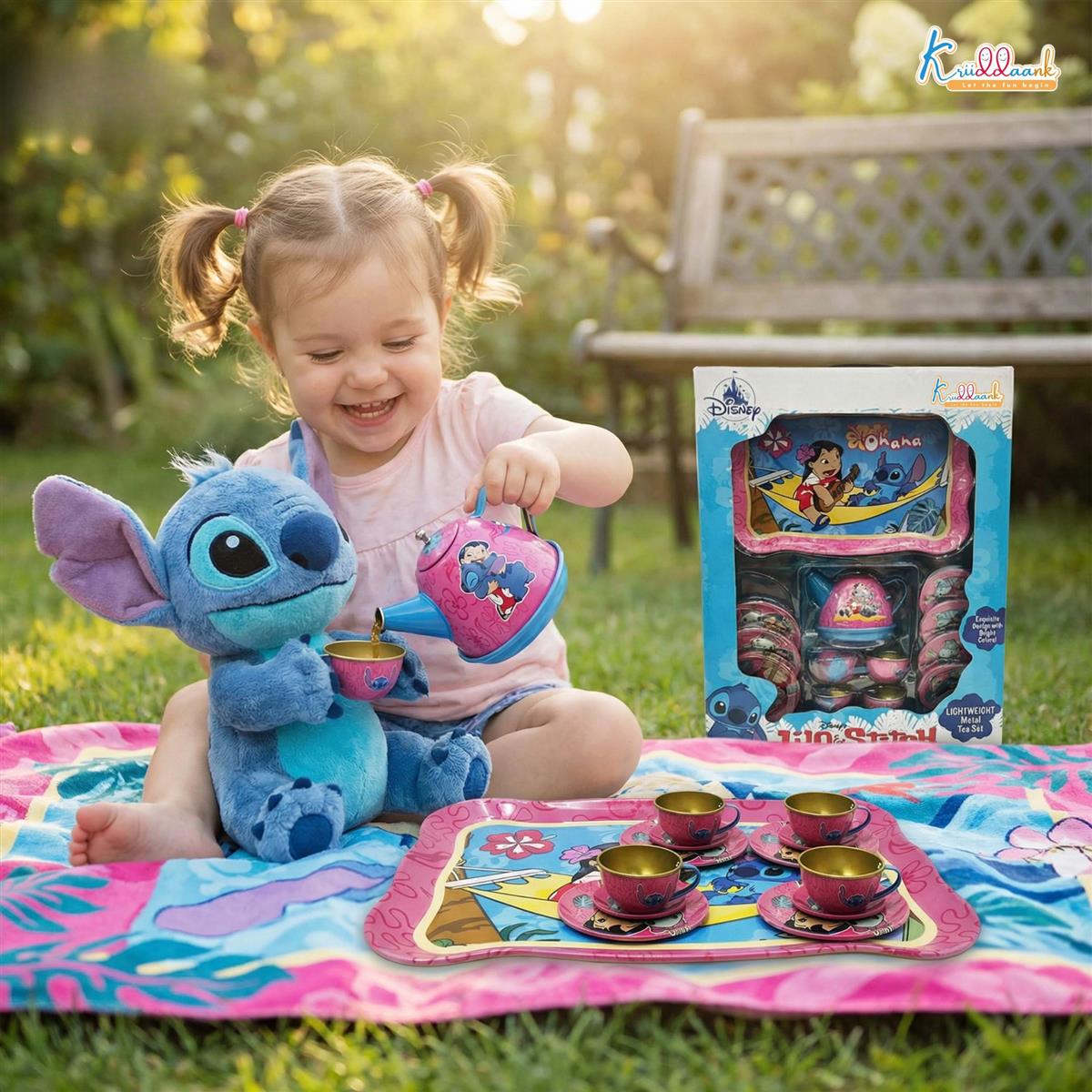 Stitch Kids Metal Tea Set - 14-Piece Pretend Play Tea Party Set with Teapot, Cups, Saucers & Serving Tray - Durable Tin Toys for Boys & Girls Ages 3+ Years - Perfect Gift for Stitch Fans