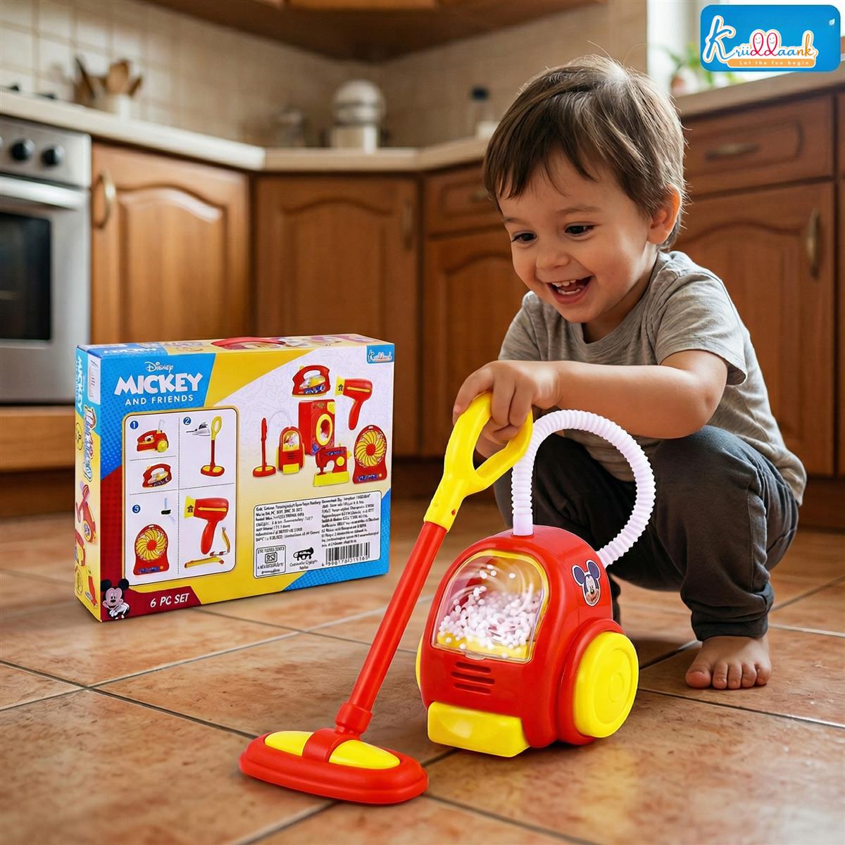Mickey Mouse 6-Piece Mini Household Toy Set - Battery Operated Washing Machine, Vacuum Cleaner, Sewing Machine, Hair Dryer, Iron & Fan - Interactive Pretend Play Appliances for Kids Ages 3+