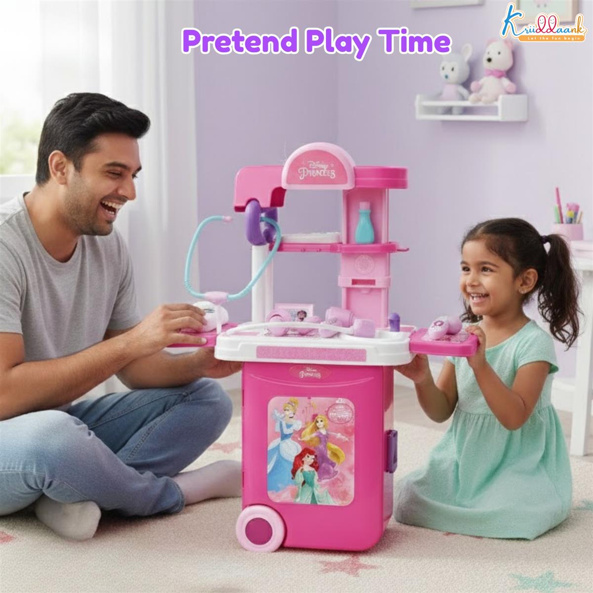 Kriiddaank Disney Princess Doctor Set for Kids - Portable Medical Trolley with Stethoscope & Lights, 9-Piece Educational Pretend Play Toy Kit for Girls Aged 3+, Pink