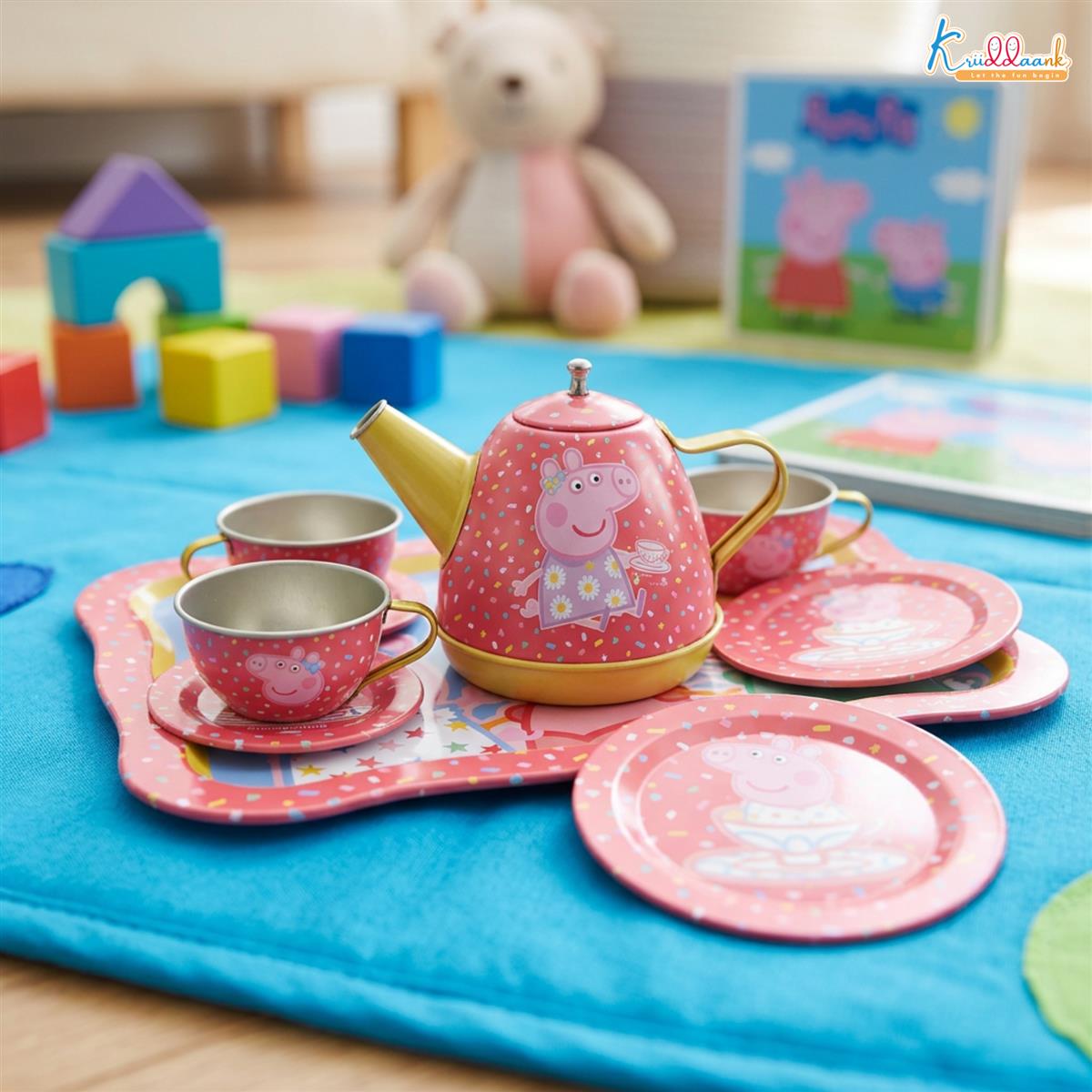 Peppa Pig 14-Piece Portable Tin Tea Set for Kids - Durable Metal Play Tea Party Set with Kettle, Cups, Saucers & Plates - Role Play Toy for Girls & Toddlers 3+ Years Old, Multicolor