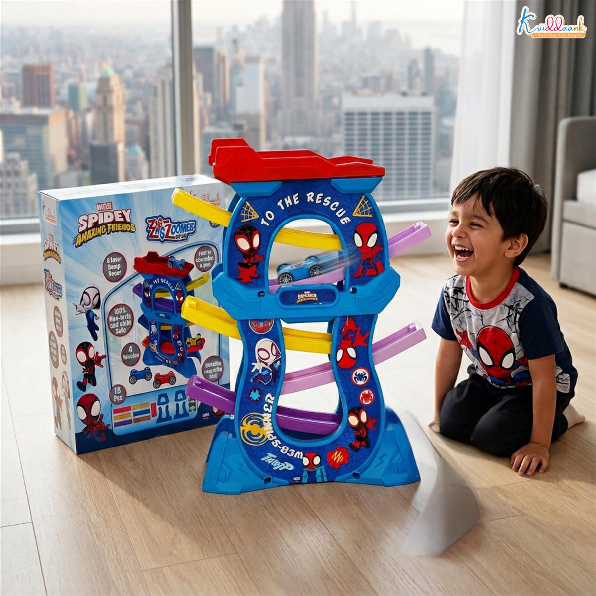 Zig Zag Zoomer Spiderman Ramp Racer Car Set for Kids 3+ Years - 6-Level Zig-Zag Racing Track with 4 Vehicles - 16 Pcs Battery Operated Educational Toy - Non-Toxic Blue Car Playset