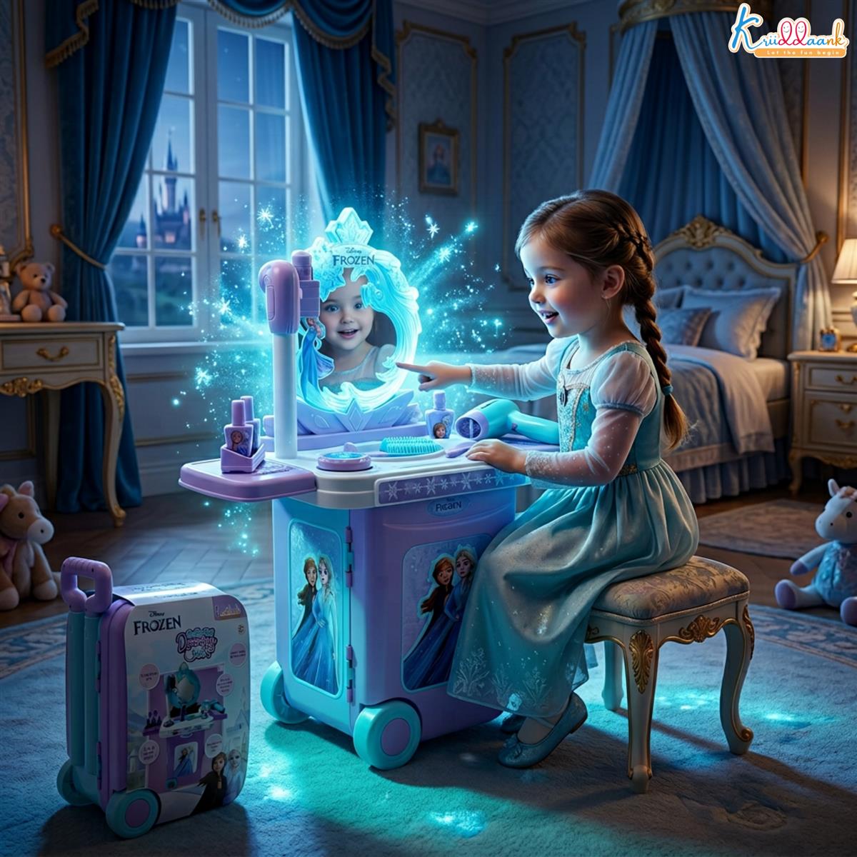 Kriiddaank Frozen Dressing Set for Girls - Elsa & Anna Pretend Play Beauty Makeup Kit with Trolley, Lights & Music, 15 Pcs Educational Styling Toy for Kids Age 3+, Turkish Blue