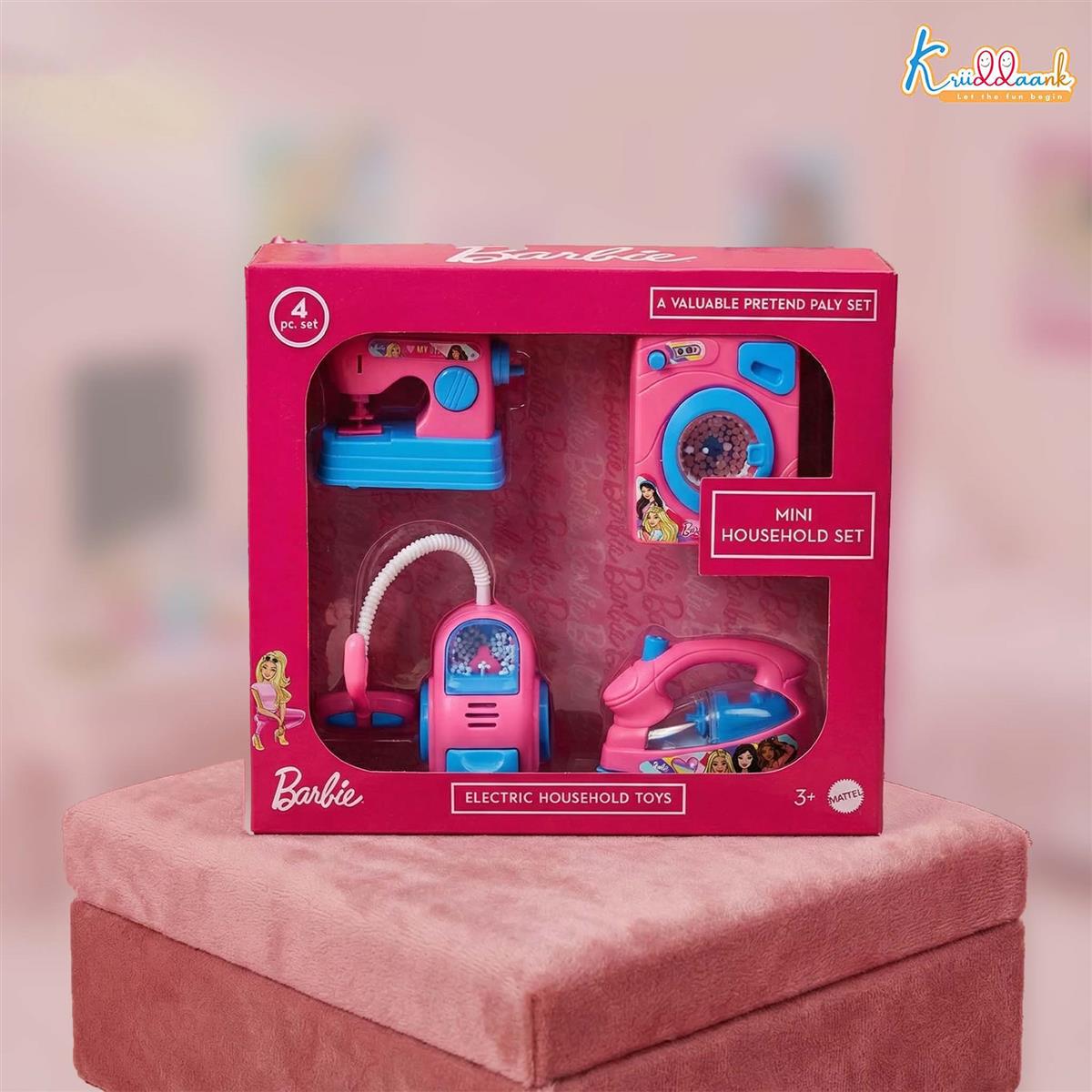 Mattel Barbie Theme Household 4pc Role Play Set - Includes Mini Washing Machine, Vacuum Cleaner, Iron & Hair Dryer - Battery Operated with Lights, Educational Toy for Kids Ages 3+ (Pink)