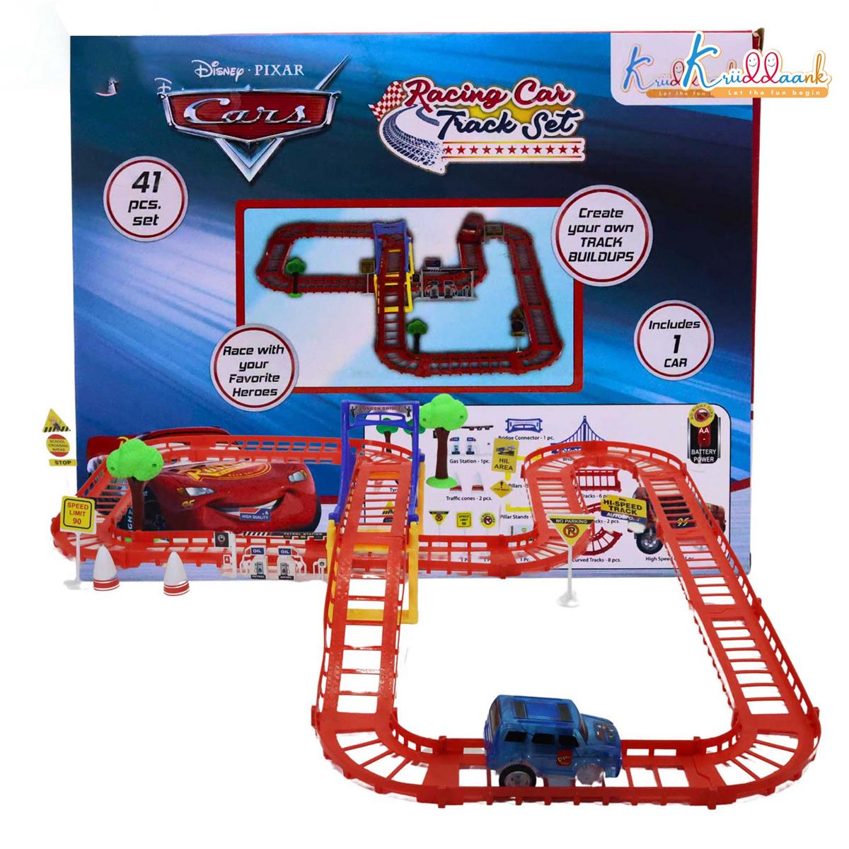 Disney Theme Cars Mini Track Set - 41 Piece Portable DIY Race Track Toy with Diecast Metal Toy Car, Realistic Miniature Collectible Racing Playset for Kids 3+ Years Old