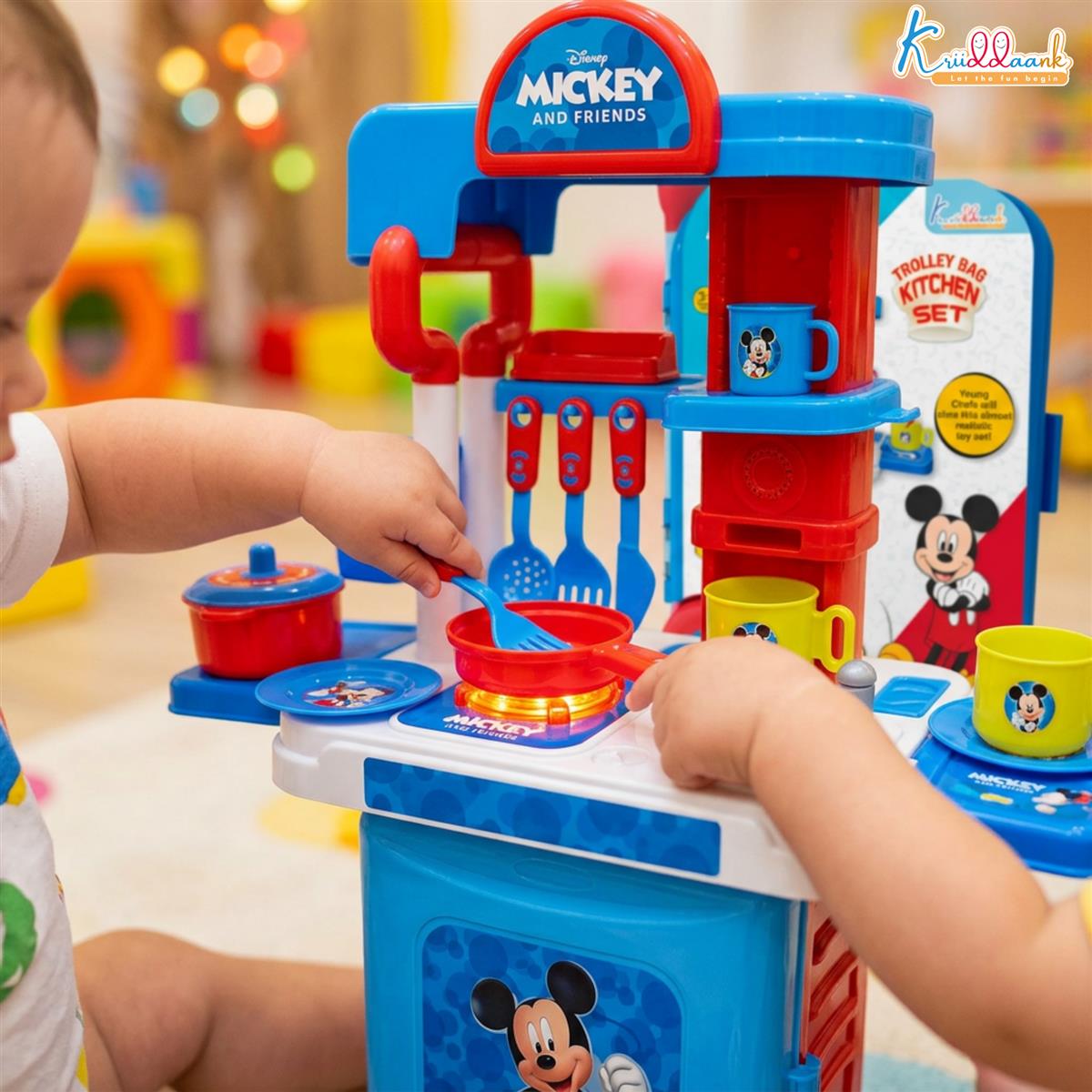 Kriiddaank Disney Mickey Kitchen Set with Trolley - 20 Pcs Pretend Play Cooking Set for Kids with Light & Sound, 2-in-1 Portable Role Play Kitchen Toy for Toddlers 3+ Years (Red)