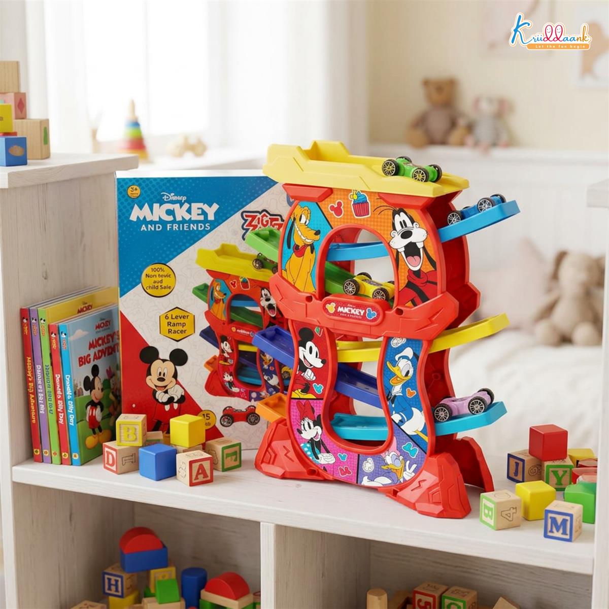 Mickey Zig Zag Zoomer Ramp Racer Car Track for Toddlers | 6-Level Lever Race Set with 4 Mini Vehicles | 15 Piece Educational Toy for Kids 3+ | Non-Toxic Mickey Mouse Themed Play Set