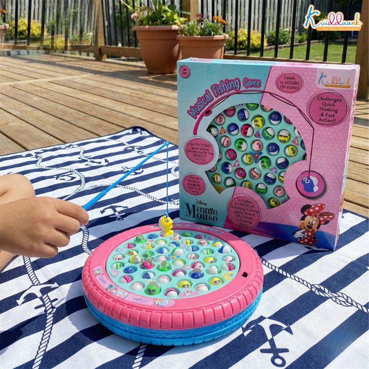 Minnie Musical Fishing Game - Electronic Rotating Board with 45 Fishes & 4 Poles, Ocean Theme Battery Operated Toy, Educational Pink Fishing Game for Kids & Toddlers, Ages 3+