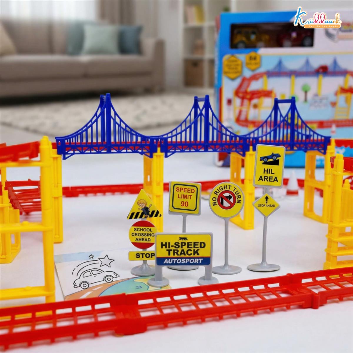Disney Mickey Track Medium (84 Pcs) â€“ DIY Racing Track Set with 2 Cars, Bridges, Roadway Signs, Traffic Cones & Petrol Pump, Battery Operated Toy for Kids 3+ Years Old