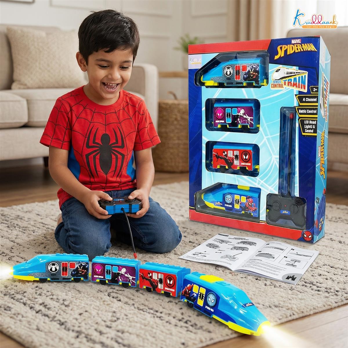 Kriiddaank Spiderman Theme RC Train Toy for Kids, Remote Control Rechargeable EMU Express Train with LED Lights & Realistic Sounds, Superhero Railway Toy for Boys & Girls (Blue)