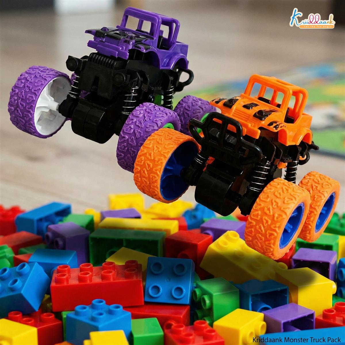 Kriddaank Pack of 2 4x4 Monster Truck for Kids - Friction Powered Stunt Cars with 360Â° Spin Action - 4WD Push and Go Toy Vehicles for Toddlers, Boys & Girls Aged 3-7 Years (Multicolor)