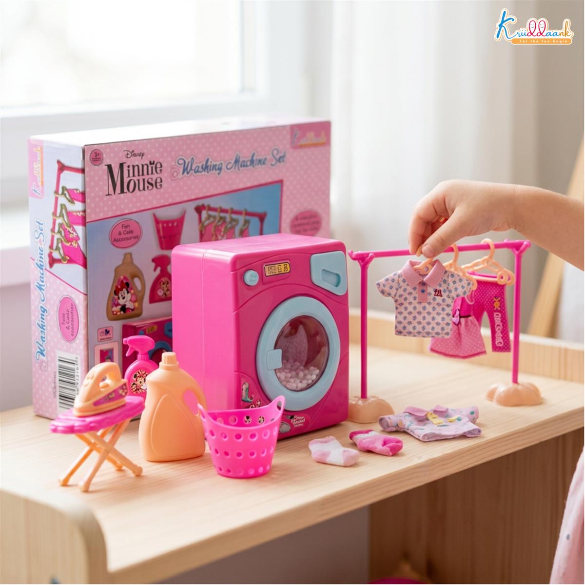 Kriiddaank Minnie Theme Washing Machine Toy - 15-Piece Interactive Pretend Play Laundry Set with Music, Ironing Board & Accessories - Pink Educational Disney Magic Gift for Toddlers Ages 3+