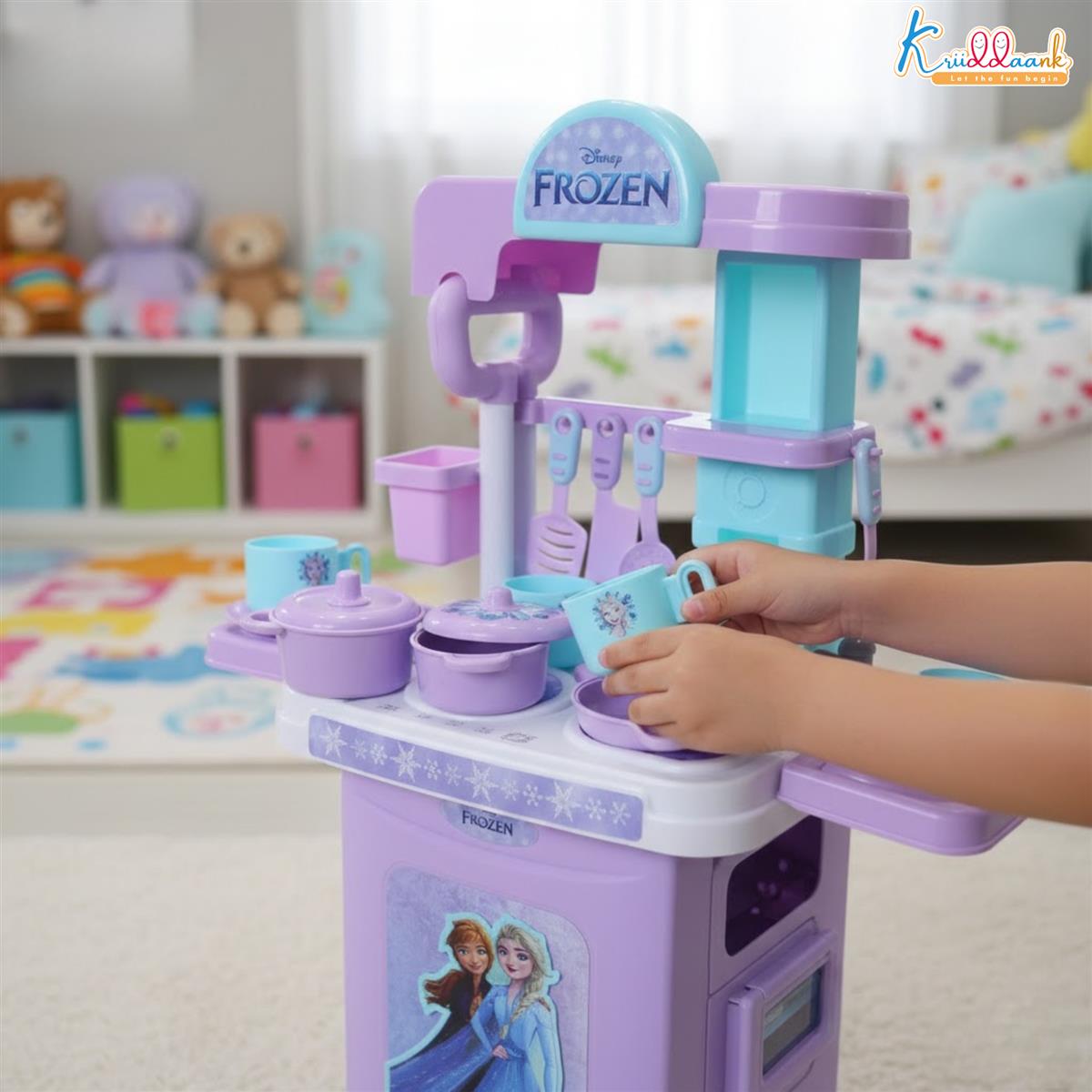 Kriiddaank Frozen Theme Kitchen Set for Girls - Elsa & Anna Inspired Portable 2-in-1 Playset with Trolley Bag, Lights, Music & 20 Accessories - Pretend Play Cooking & Baking Toy for Kids 3+ Years