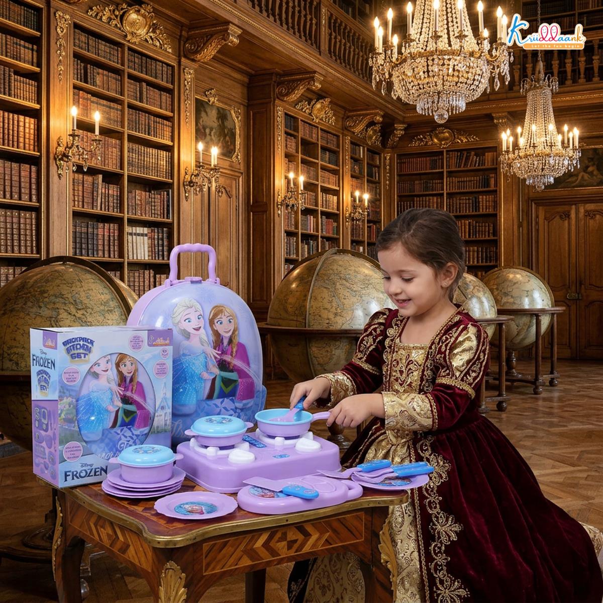 Disney Frozen Backpack Kitchen Gift Set for Kids - 21 Pcs Pretend Play Cooking Set with Music & Accessories - Portable Kitchen Toy for Girls 3+ Years - Turkish Blue