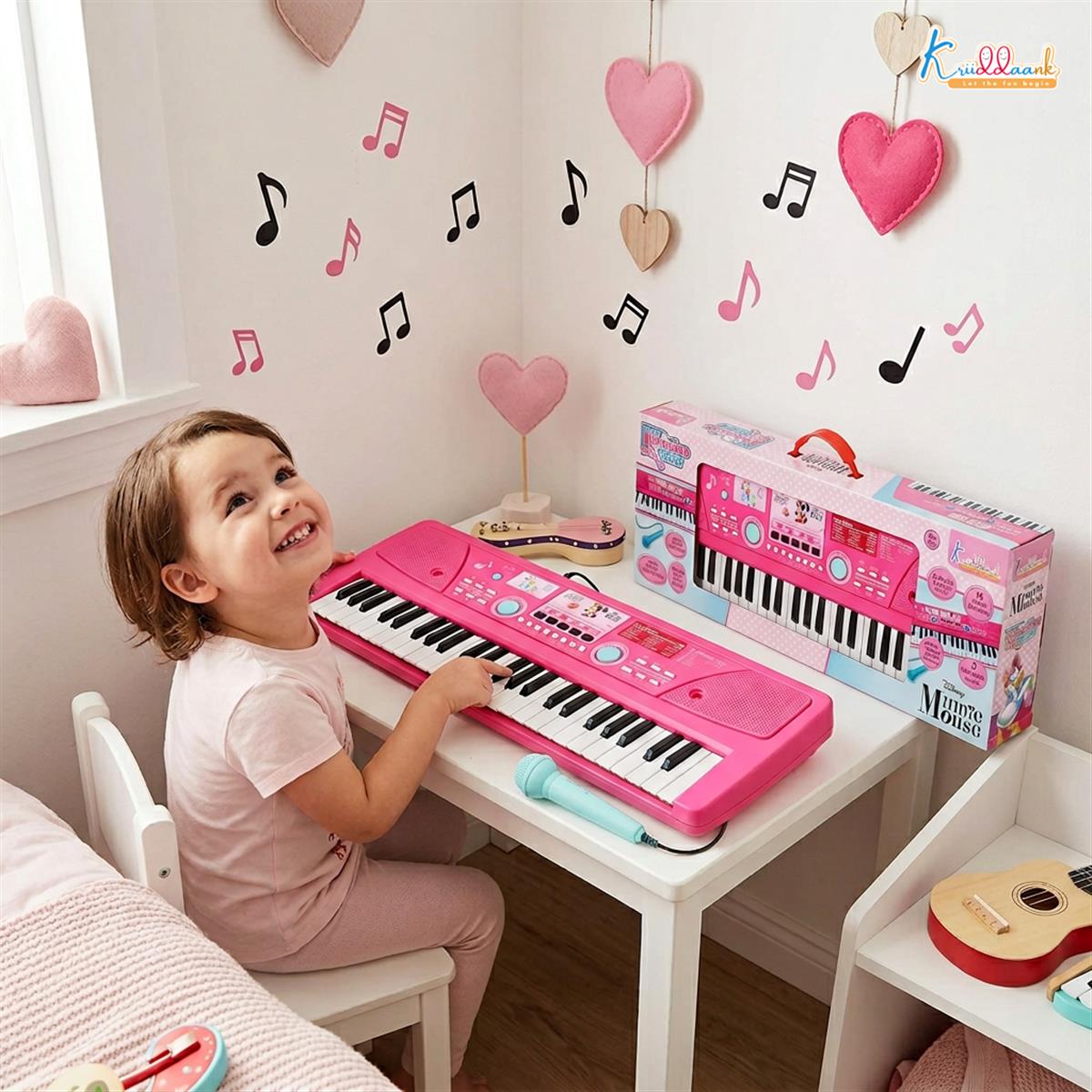 Kriiddaank Minnie Keyboard Piano 500 for Kids - Portable Electronic Musical Toy with Microphone, 8 Instrument Sounds & 16 Rhythms, Early Learning Gift for Girls 3+ Years, Pink
