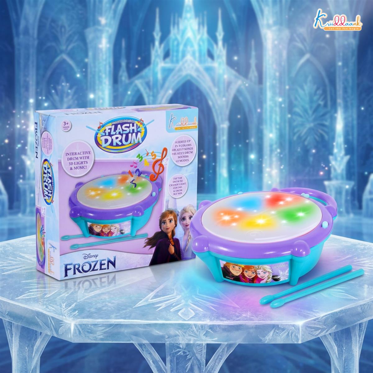 Frozen Elsa & Anna Flash Drum Toy for Toddlers - Battery Operated Musical Instrument with 3D 5-Color LED Lights & 9 Songs - Interactive Educational Toy for Kids Age 3+ Years