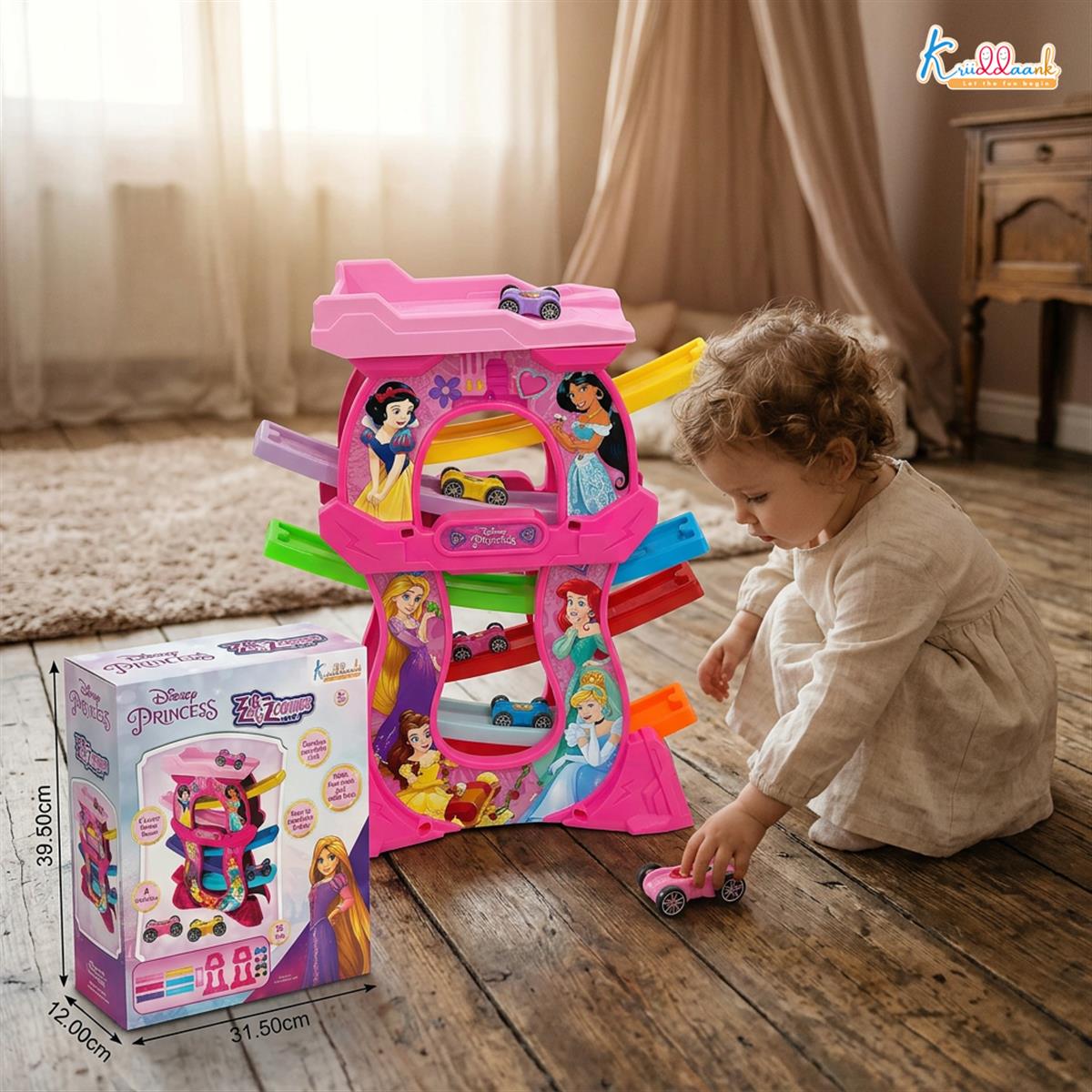 Princess Zig Zag Zoomer Ramp Racer Car Track for Toddlers - 15 Piece 6-Level Lever Toy with 4 Mini Vehicles, Non-Toxic Pink Race Track Playset for Girls 3+ Years Old