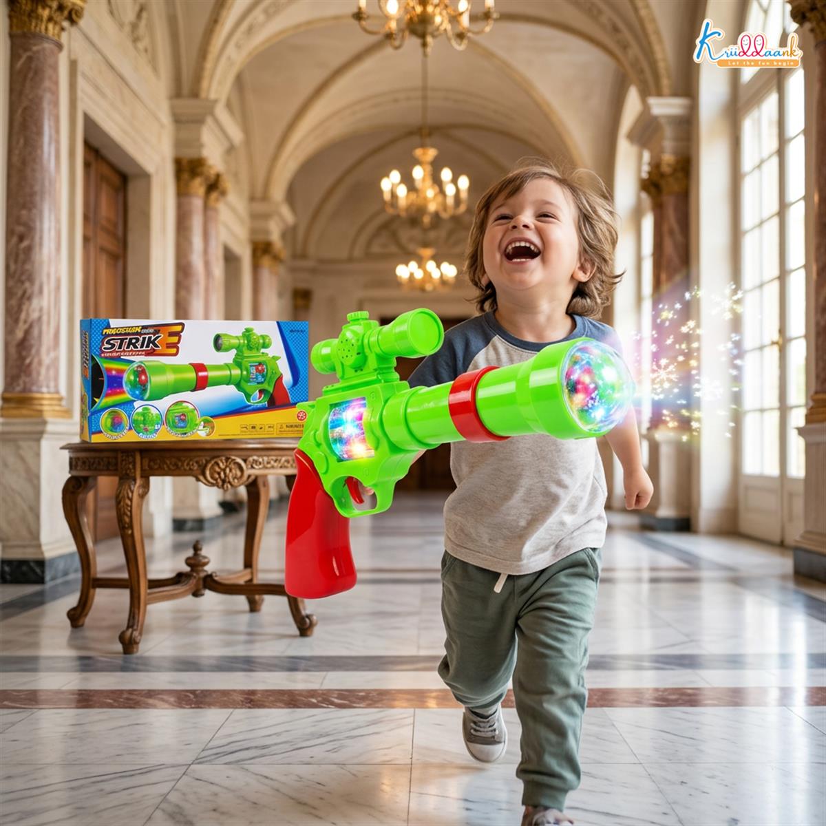 Kriiddaank Strike Gun Toy - Kids Safe Soft Bullet Blaster with Foam Bullets, Sound & Projection Lights - Battery Operated Shooting Playset for Boys & Girls, Multicolor - Ages 3+
