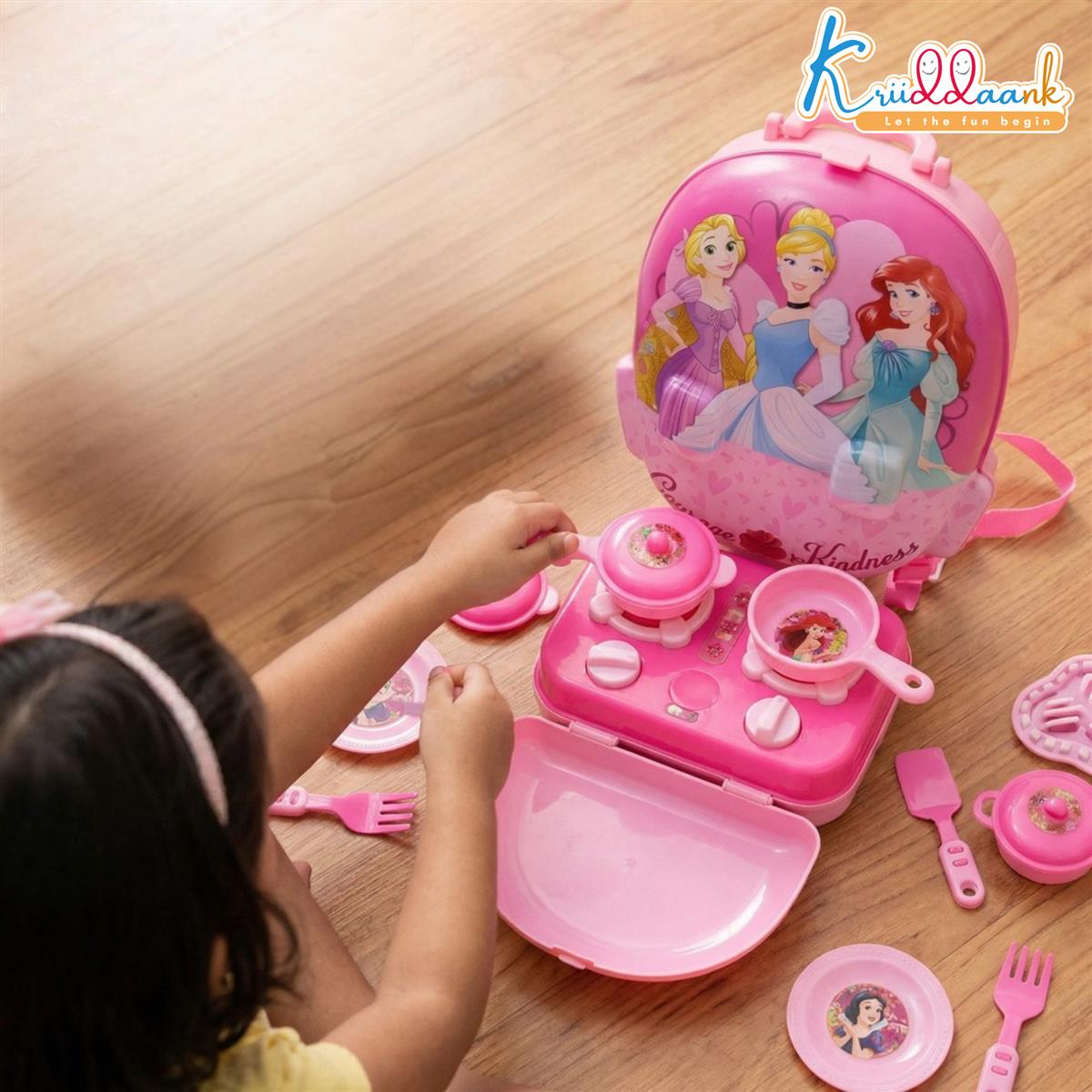Kriiddaank Princess Backpack Kitchen Set for Kids - 21 Pcs Pretend Play Cooking Toy with Music, Portable Travel Carry Case Playset for Girls 3+ Years Old (Pink, Non-Electric)