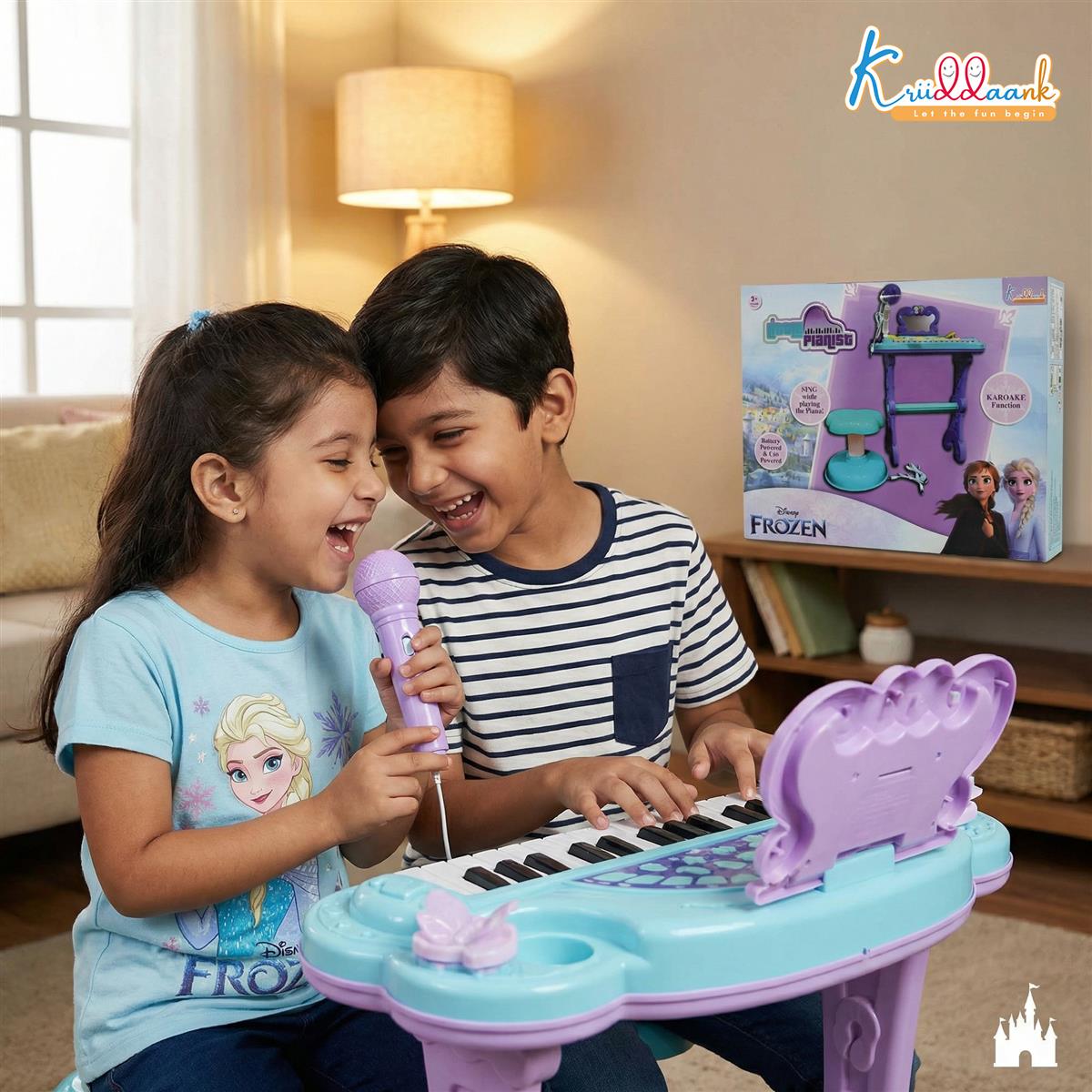 Frozen-Themed Little Pianist Keyboard with Microphone & Stool - 25 Built-in Tunes, Karaoke Function, MP3 Connectivity - Educational Musical Toy for Girls & Toddlers Age 3+ (Turkish Blue)