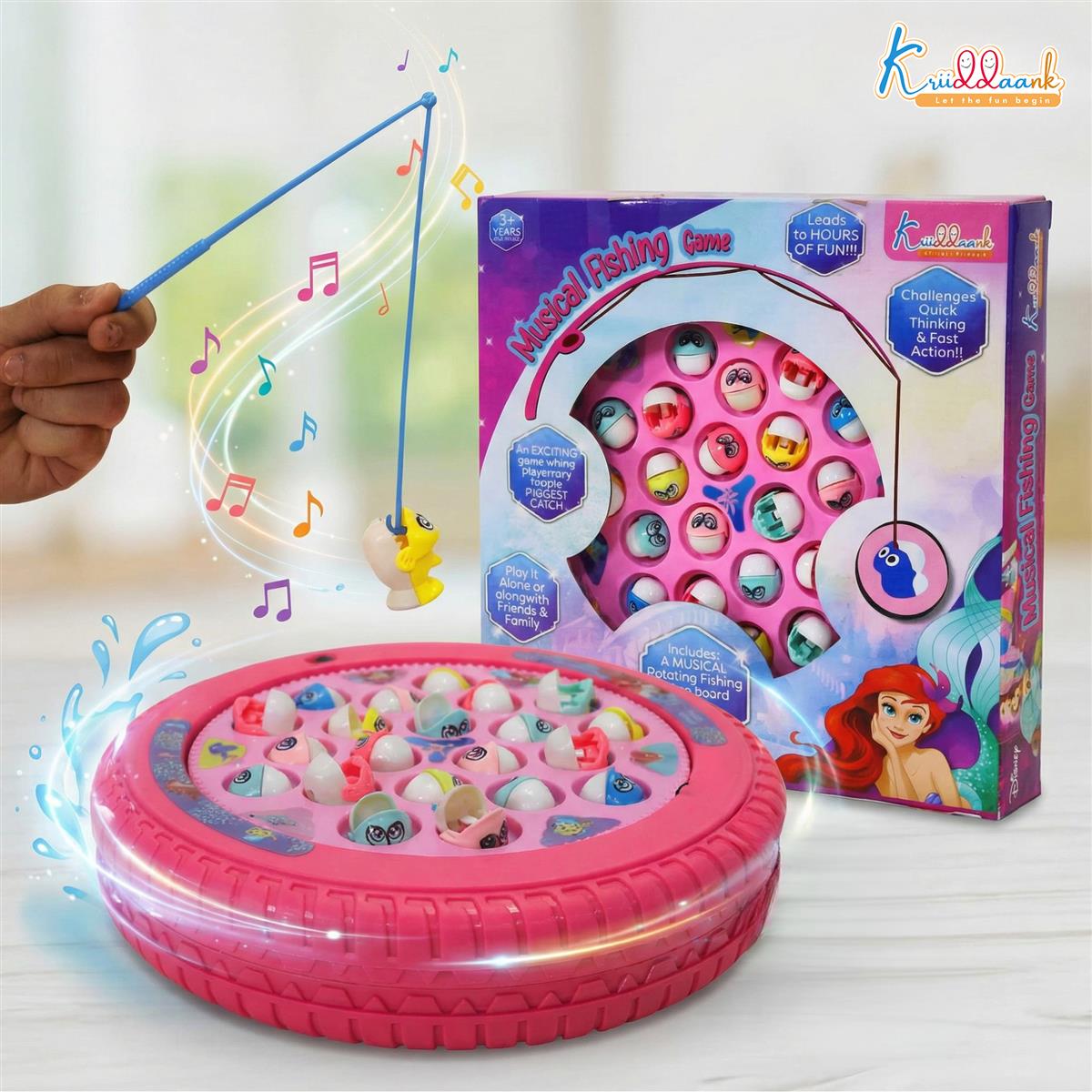 Princess Musical Fishing Game - Rotating Underwater Adventure Board with Music & 21 Fishes | 4 Fishing Poles | Pink Battery-Operated Educational Toy for Kids Aged 3+ Years
