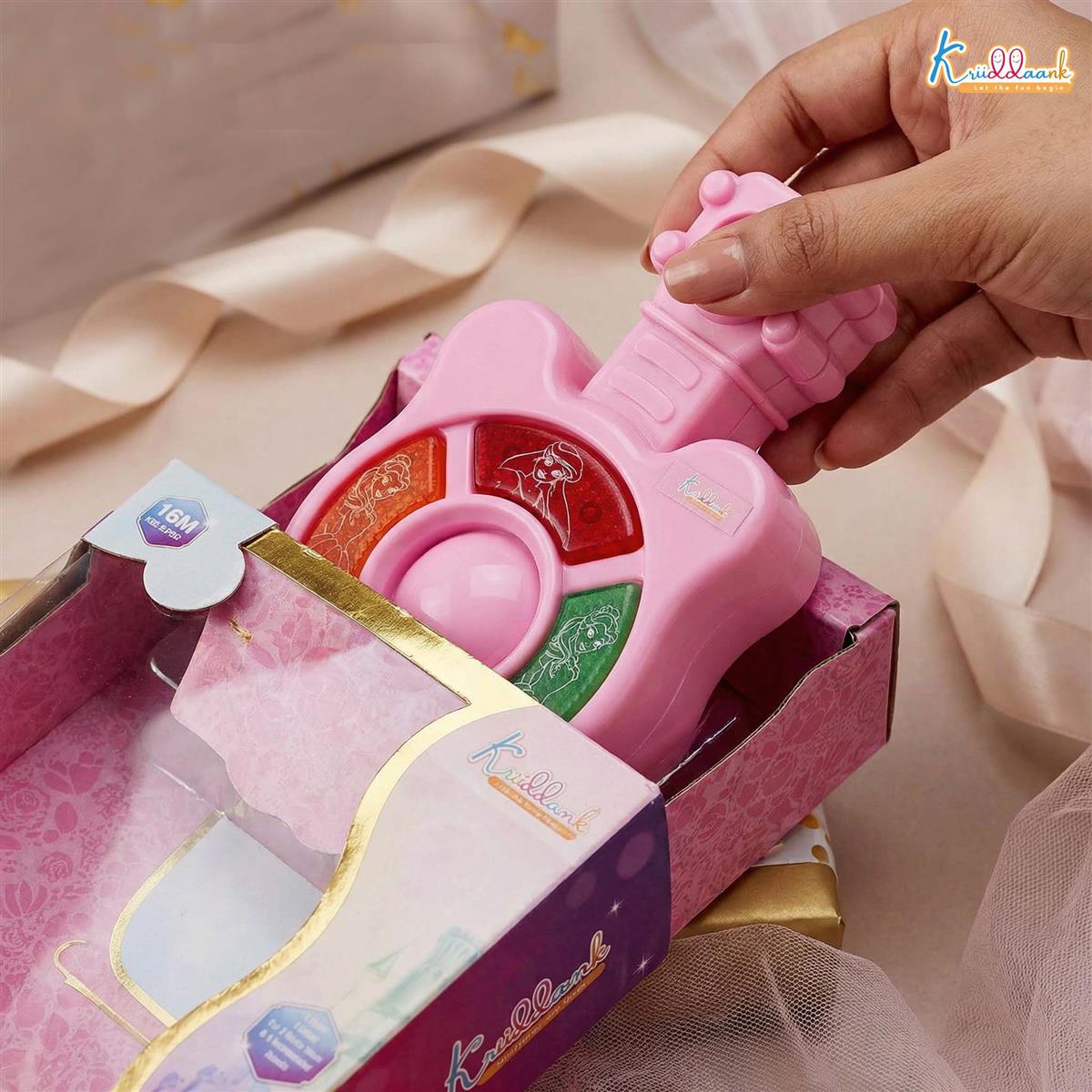 Disney Princess Mini Music Guitar for Kids - Portable Musical Instrument with 4 Buttons, Effective Sounds & Lights - Battery Operated Educational Toy for Toddlers & Girls 3+ Years Old - Pink